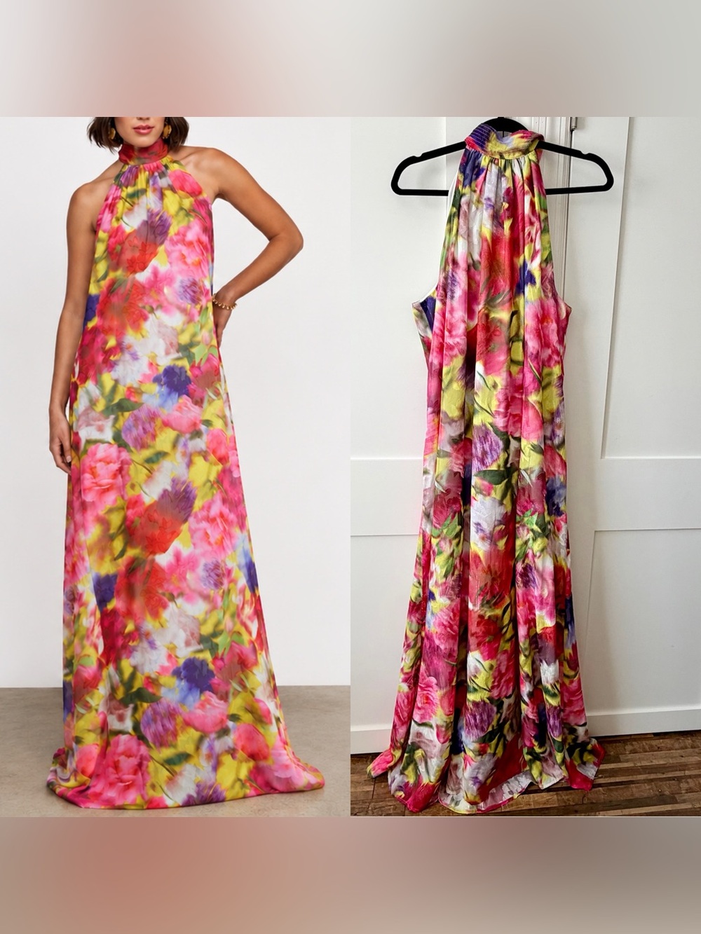 Abbey Glass Floral Halter Rory Gown in Art Bloom Chiffon Pink Sz XXL